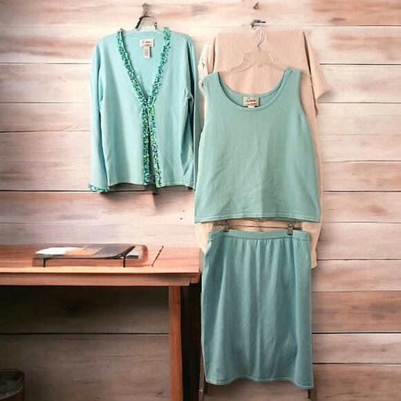 Linea 3 Pc Formal Cardigan Sweater Set Sz L AQUA SKY BLUE Sequins Knit was $350 - Picture 7 of 16